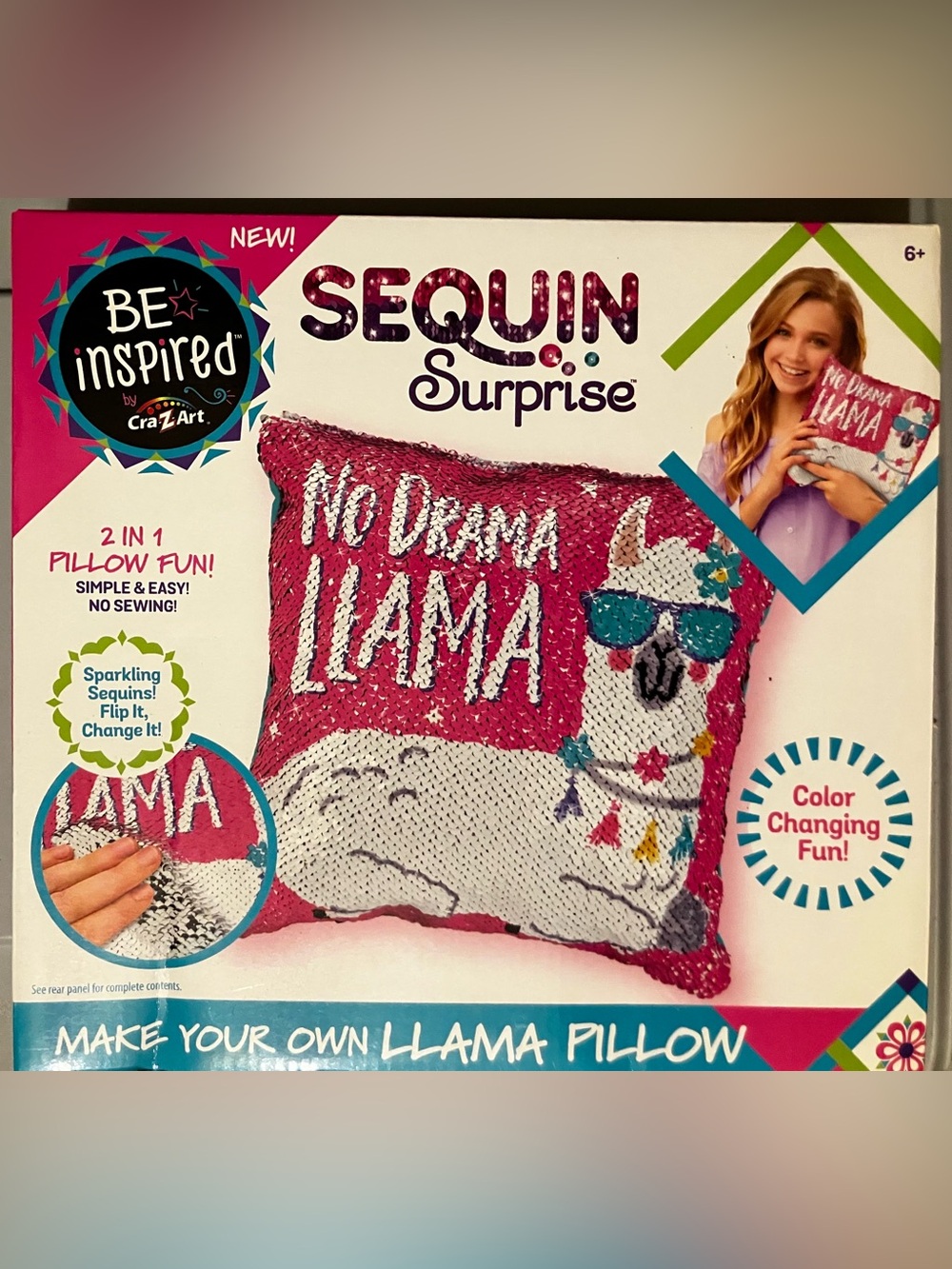Sequin Surprise 'No Drama Llama' Kids Pillow - Pink & White